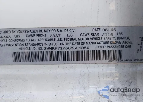 2006 Volkswagen Jetta 2.5 z USA, uszkodzony, nr VIN 3VWRF71K66M626850